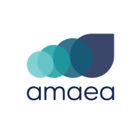 Logo featuring overlapping circles in teal and dark blue, with the text "amaea" below.