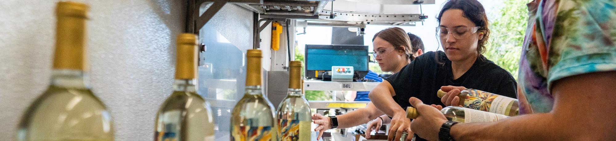 Students in the 127L V&E class box freshly bottled and labeled 2024 Sauvignon Blanc from UC Davis Winery. The bottling and packaging process takes place inside the Halsey Mobile Bottling line, which is stationed outside the winery. 